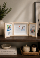 Load image into Gallery viewer, 8x23 inch folding triple photo frame with wooden finish for tabletop memory display