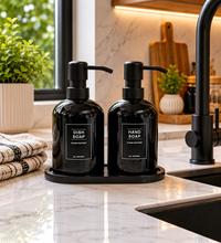 Load image into Gallery viewer, Black kitchen soap dispenser set with tray featuring 250ml hand soap and dish soap bottles