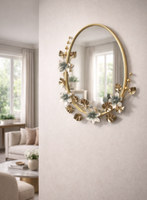 Load image into Gallery viewer, Floral round wall mirror with gold frame and decorative flower accents, 29 inch height and 22 inch width