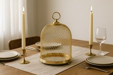 Load image into Gallery viewer, Decorative gold mesh cloche with mirror tray base – 12x8 inch