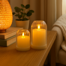 Load image into Gallery viewer, Glass Dome Candle Set – Warm White Decorative LED Pillar Pair