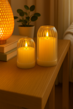 Load image into Gallery viewer, "LED Candle Pair with Ribbed Glass Dome – Warm White Light on Table"