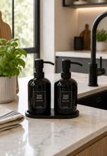 Load image into Gallery viewer, Black Kitchen Soap Dispenser Set with Tray | 250ml Hand & Dish Soap Bottles