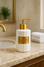 Load image into Gallery viewer, π White Textured Ceramic "BATH" Dispenser (Gold Pump)