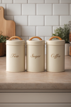 Load image into Gallery viewer, Cream color Tea Sugar Coffee canister set with wooden handles – Scandinavian kitchen decor – MetaphorBD