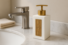Load image into Gallery viewer, π White Textured Ceramic "BATH" Dispenser (Gold Pump)