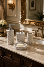 Load image into Gallery viewer, Shell ivory 4-piece bathroom accessory set with 250ml soap dispenser toothbrush holder tumbler and soap dish