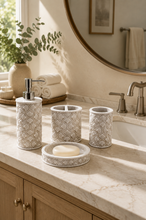 Load image into Gallery viewer, Shell ivory 4-piece bathroom accessory set with 250ml soap dispenser toothbrush holder tumbler and soap dish