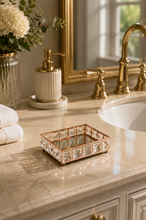 Load image into Gallery viewer, Small rose gold crystal mirror vanity tray 5.5 × 3.5 inch on bathroom counter – MetaphorBD