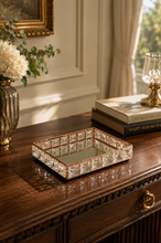 Load image into Gallery viewer, Medium rose gold crystal mirror vanity tray 7 × 5 inch on dresser – MetaphorBD