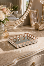 Load image into Gallery viewer, Large rose gold crystal mirror vanity tray 8 × 6 inch on dressing table – MetaphorBD