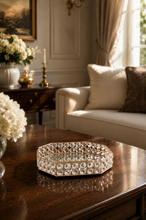 Load image into Gallery viewer, Crystal Halo octagonal vanity tray with rose-gold-toned metal frame, faceted crystal-glass border and mirrored base, measuring 8.5 × 7 × 2 inches.