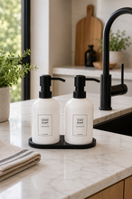 Load image into Gallery viewer, Black Kitchen Soap Dispenser Set with Tray | 250ml Hand & Dish Soap Bottles