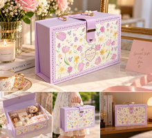 Load image into Gallery viewer, Lavender floral keepsake box collage showing front closure, top handle, open-box gift styling and display ideas – Metaphor BD