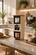 Load image into Gallery viewer, 3-drawer natural wood and black kitchen organizer cabinet with metal ring handles, measuring 16 inches high, 6 inches wide and 5.5 inches deep.