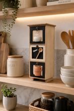 Load image into Gallery viewer, 3-drawer natural wood and black kitchen organizer cabinet with metal ring handles, measuring 16 inches high, 6 inches wide and 5.5 inches deep.