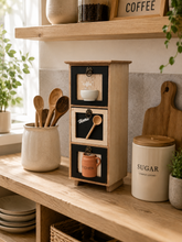 Load image into Gallery viewer, 3-drawer natural wood and black kitchen organizer cabinet with metal ring handles, measuring 16 inches high, 6 inches wide and 5.5 inches deep.