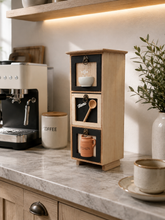 Load image into Gallery viewer, 3-drawer natural wood and black kitchen organizer cabinet with metal ring handles, measuring 16 inches high, 6 inches wide and 5.5 inches deep.