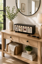 Load image into Gallery viewer, HOME decorative storage cabinet organizer on dark oak entryway console table with round mirror and lamp – MetaphorBD