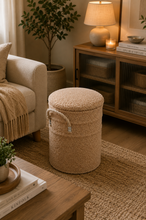 Load image into Gallery viewer, Beige bouclé storage ottoman basket with lid in cozy living room – MetaphorBD