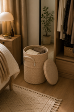 Load image into Gallery viewer, Beige bouclé storage ottoman basket with lid beside sofa in living room – MetaphorBD
