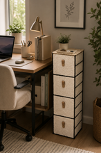 Load image into Gallery viewer, Teddy Soft slim four-drawer storage tower in bedroom corner beside wardrobe and nightstand – MetaphorBD
