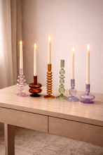 Load image into Gallery viewer, Five piece glass candle holder set in pastel and earthy tones on console table