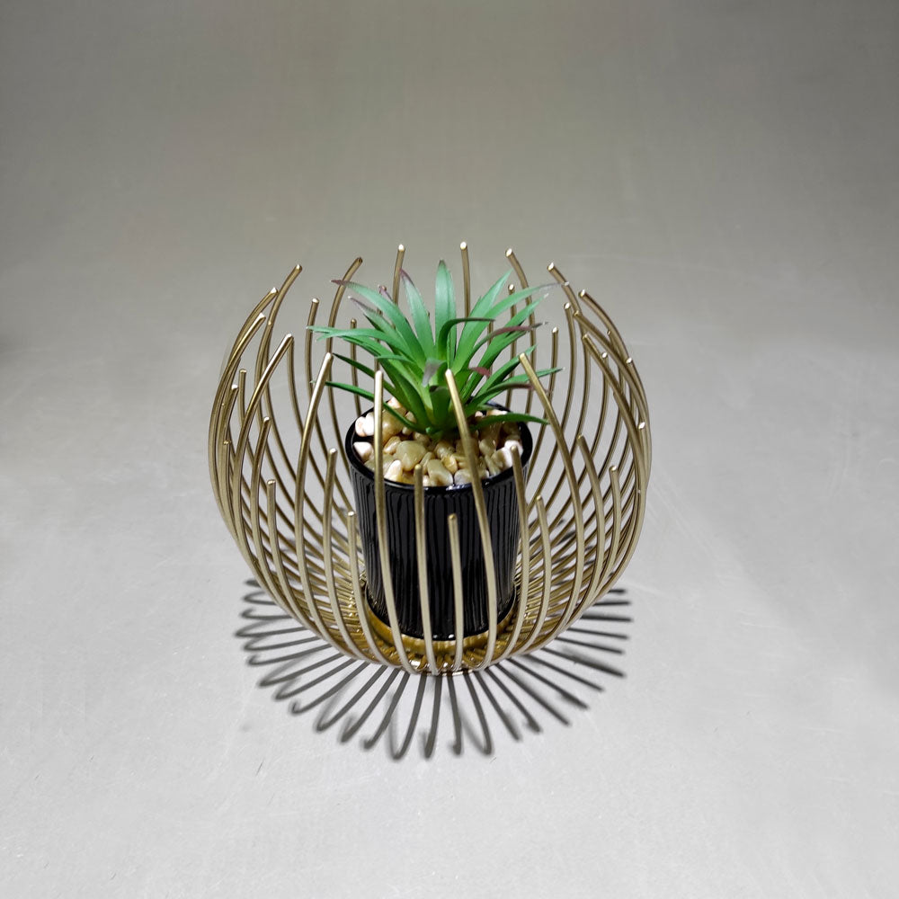 Metal stand artificial cactus arrangement golden abstract round