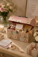 Load image into Gallery viewer, Large pink floral gift and keepsake storage box with metal handle and clasp on dresser – MetaphorBD