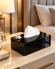 Load image into Gallery viewer, Luxury glass tissue box with white and gold floral accent, approximately 10 x 5.5 x 5 inches