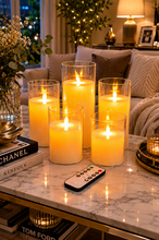 Load image into Gallery viewer, Luxury 5-piece LED flameless candle set with real wax candles in glass holders and remote control featuring 8, 7, 6, 5, and 4 inch heights with 3 inch diameter