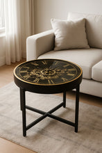 Load image into Gallery viewer, Luxury Roman numeral clock coffee table with black metal stand in modern living room