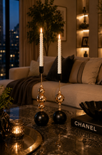 Load image into Gallery viewer, Luxury black and gold metal taper candle holder set for dining table centerpiece and modern home décor.