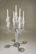 Load image into Gallery viewer, Luxury crystal 5-arm candelabra candle holder with hanging crystal droplets and clear glass candle cups displayed as an elegant dining table centerpiece.