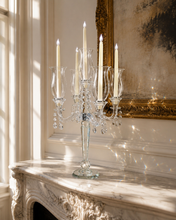 Load image into Gallery viewer, Luxury crystal 5-arm candelabra candle holder with hanging crystal droplets and clear glass candle cups displayed as an elegant dining table centerpiece.