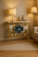 Load image into Gallery viewer, Luxury gold floral metal console table with decorative leaf design in living room