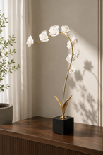 Load image into Gallery viewer, Luxury gold metal floral sculpture with white blooming flowers on a black base for console table, living room, and modern home décor.3
