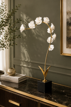 Load image into Gallery viewer, Luxury gold metal floral sculpture with white blooming flowers on a black base for console table, living room, and modern home décor.1