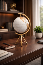 Load image into Gallery viewer, Luxury gold stand world globe decor placed on wooden shelf with books – modern minimalist home styling