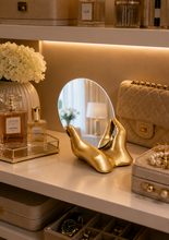 Load image into Gallery viewer, Luxury golden hands tabletop vanity mirror with sculptural resin base for dressing table and modern home décor1