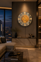 Load image into Gallery viewer, Luxury illuminated mechanical wall clock with glowing Roman numerals and modern gear design1