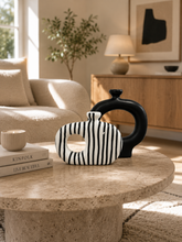 Load image into Gallery viewer, Modern abstract ceramic vase set with black sculptural vase and black white striped decorative vase for contemporary home décor1