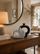 Load image into Gallery viewer, Modern abstract ceramic vase set with black sculptural vase and black white striped decorative vase for contemporary home décor2