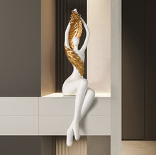 Load image into Gallery viewer, Modern abstract lady resin sculpture with metallic gold leaf accents displayed as a contemporary decorative art piece for luxury home interiors.