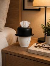 Load image into Gallery viewer, Modern face sculpture tissue holder with black hat design decorative tissue box cover for living room and office décor