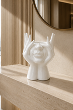 Load image into Gallery viewer, Modern white ceramic face vase with artistic hand sculpture design measuring 9 x 5.5 x 4 inches for luxury home décor