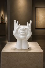 Load image into Gallery viewer, Modern white ceramic face vase with artistic hand sculpture design measuring 9 x 5.5 x 4 inches for luxury home décor
