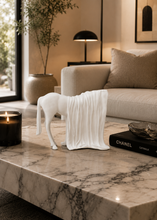 Load image into Gallery viewer, Modern white horse figurine sculpture decor on travertine console table, contemporary minimalist home decoration, luxury interior accent piece.