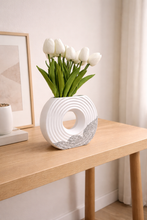 Load image into Gallery viewer, Modern white textured ceramic donut vase with sculptural minimalist designa