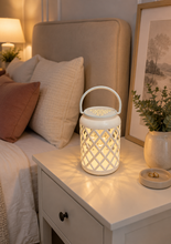 Load image into Gallery viewer, Nordic white decorative lantern with warm ambient LED lighting for modern living room and bedroom décor